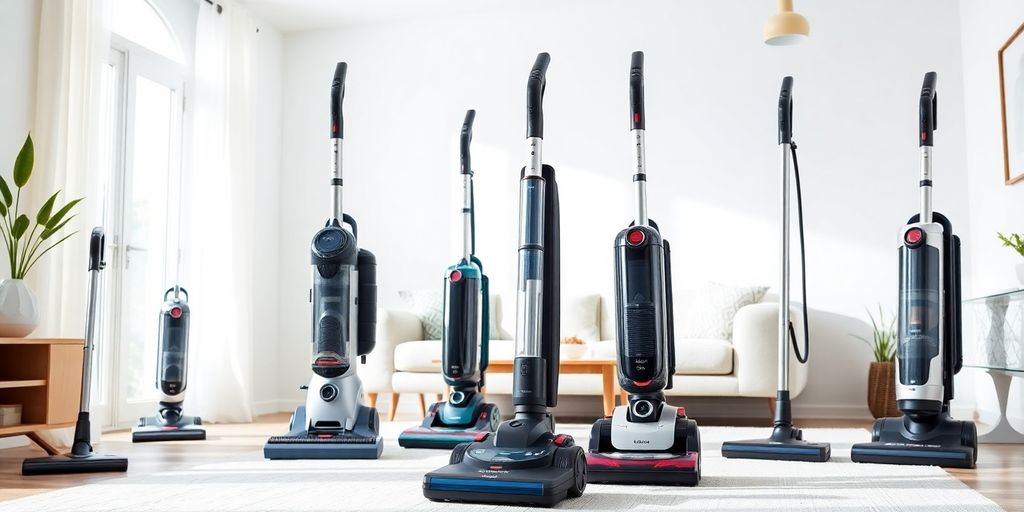 Verschiedene Staubsauger in einem Wohnzimmer.