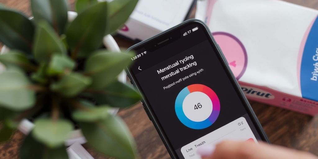 Smartphone with period tracker app and hygiene products.