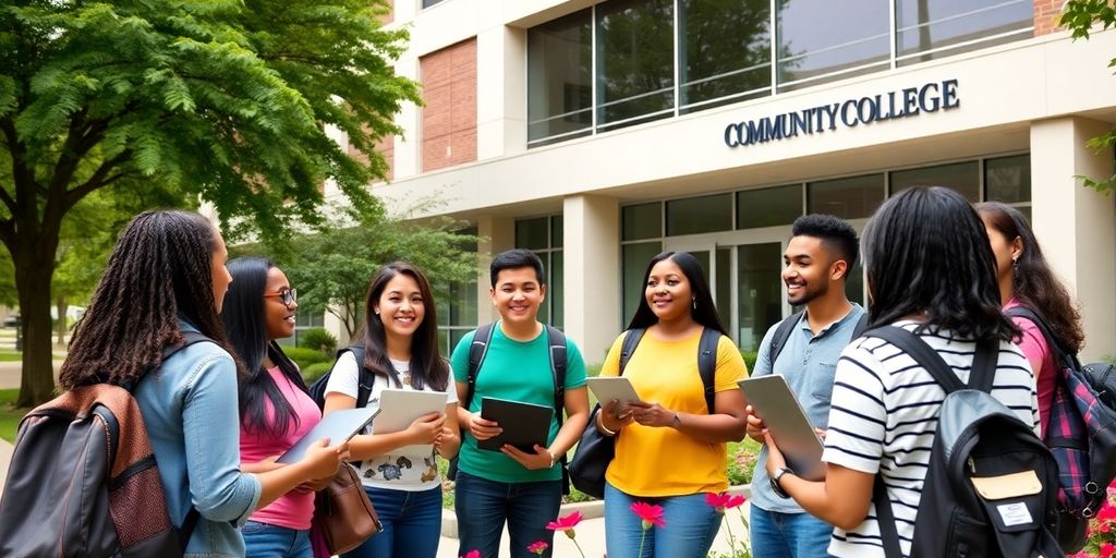 Students collaborating outside a community college campus.