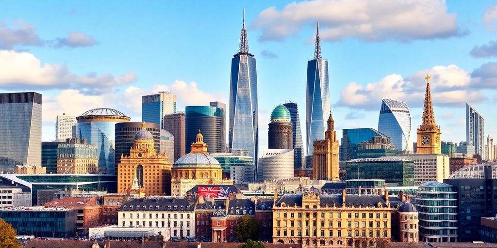 Skyline of major cities in the UK at sunset.