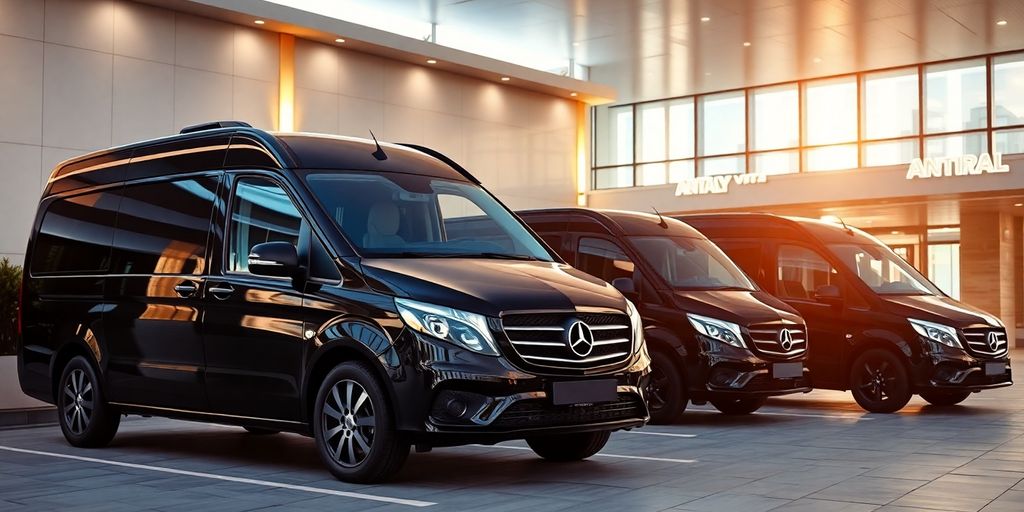 Luxury transfer vehicles at Antalya airport in cinematic lighting.