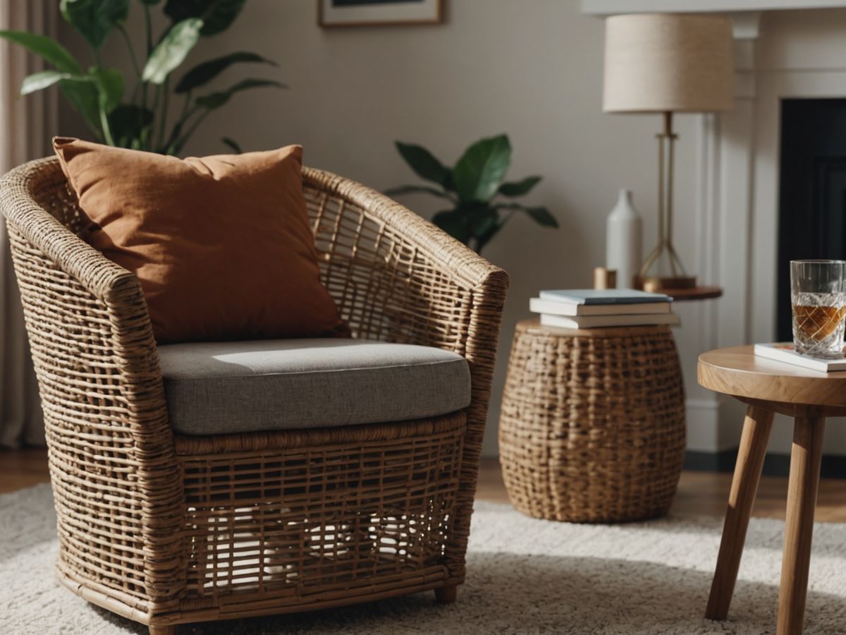 Rattan armchair in a modern living room setting.
