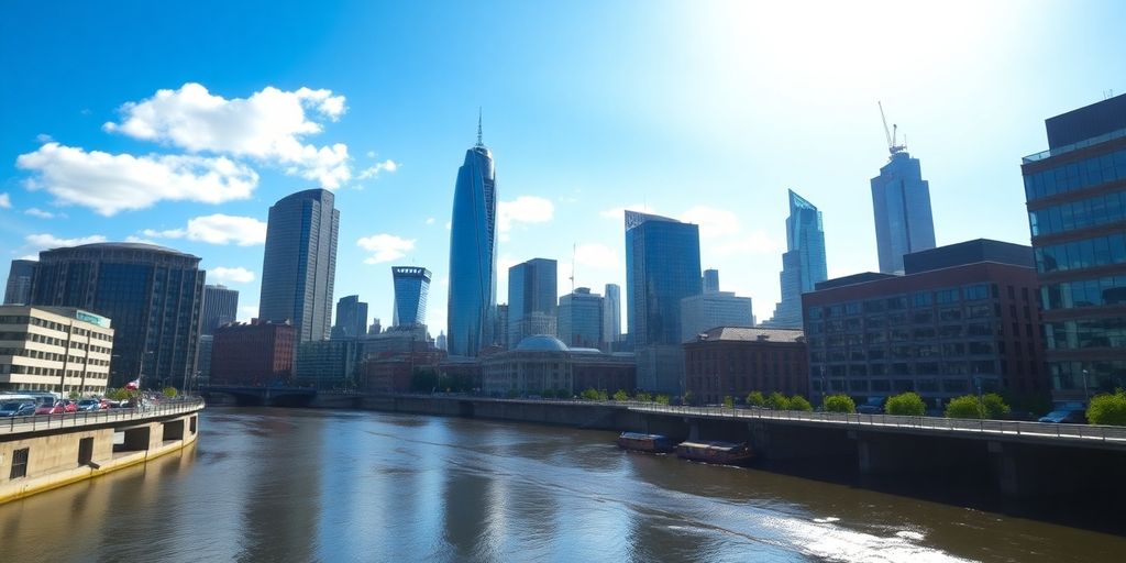 Manchester cityscape with modern architecture and a river.