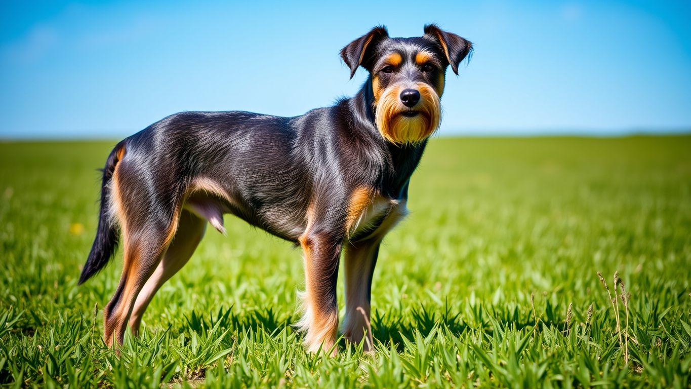 Drever dog in a green field under blue sky.