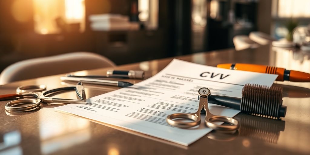 Hairdresser CV on a salon counter.