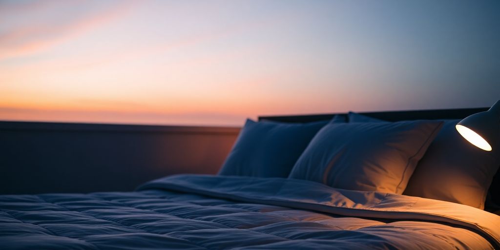 A serene bedroom with soft lighting and comfortable bedding.
