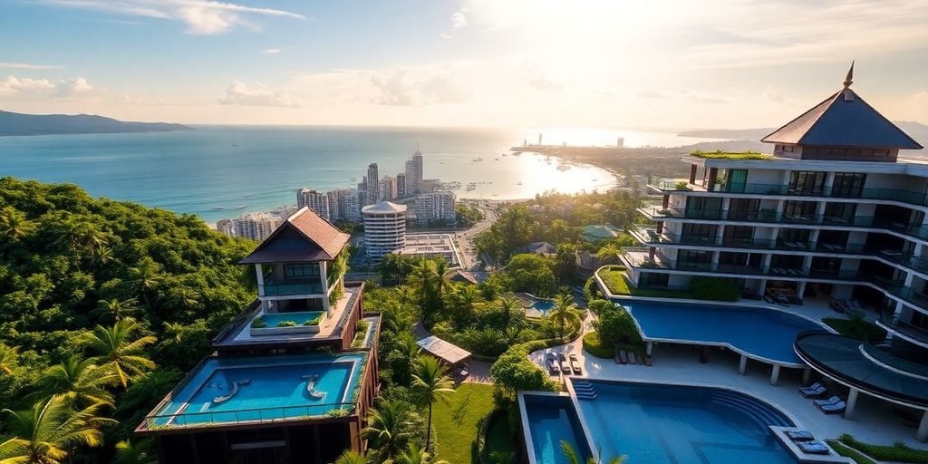 Luxurious Thailand apartments with ocean view and greenery.