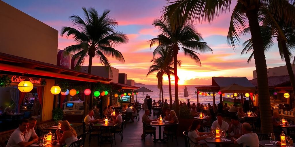 Outdoor dining scene in Los Cabos at sunset.