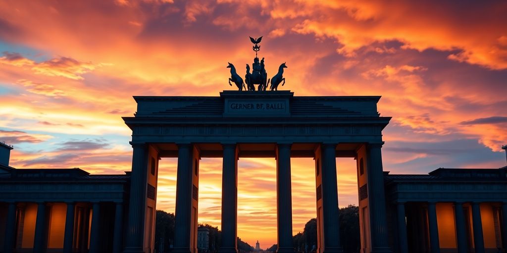 Berlin skyline with Brandenburg Gate at sunset.
