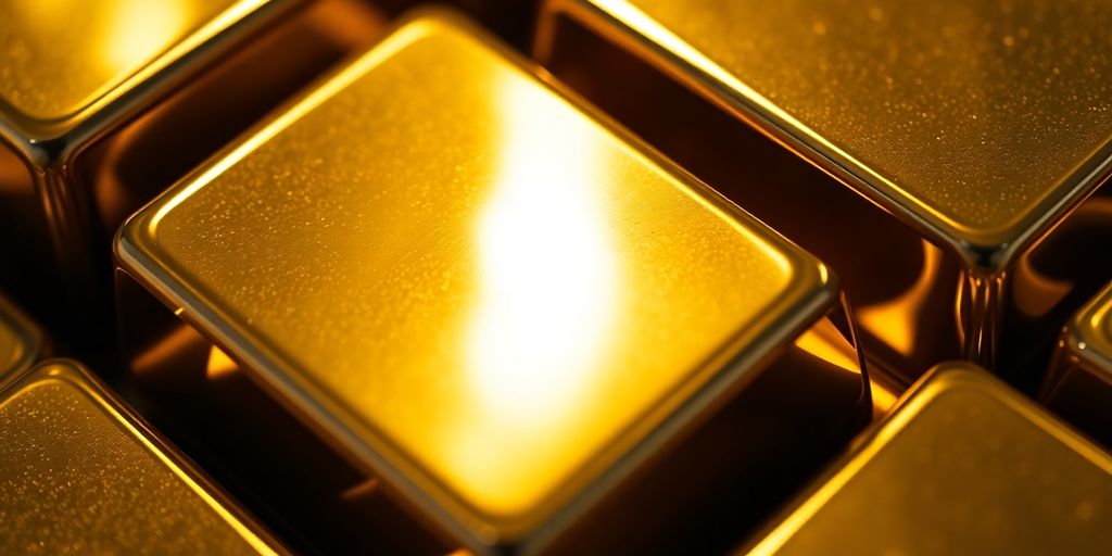 Lingots d'or empilés, vue rapprochée, lumière chaude, brillance.
