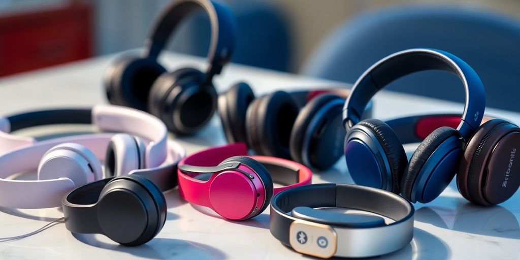 Vielfältige Bluetooth-Kopfhörer in verschiedenen Designs und Farben.