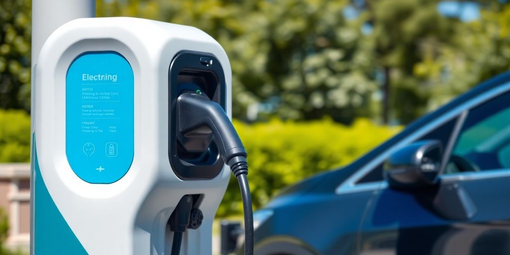 Electric vehicle charging station with a parked EV.