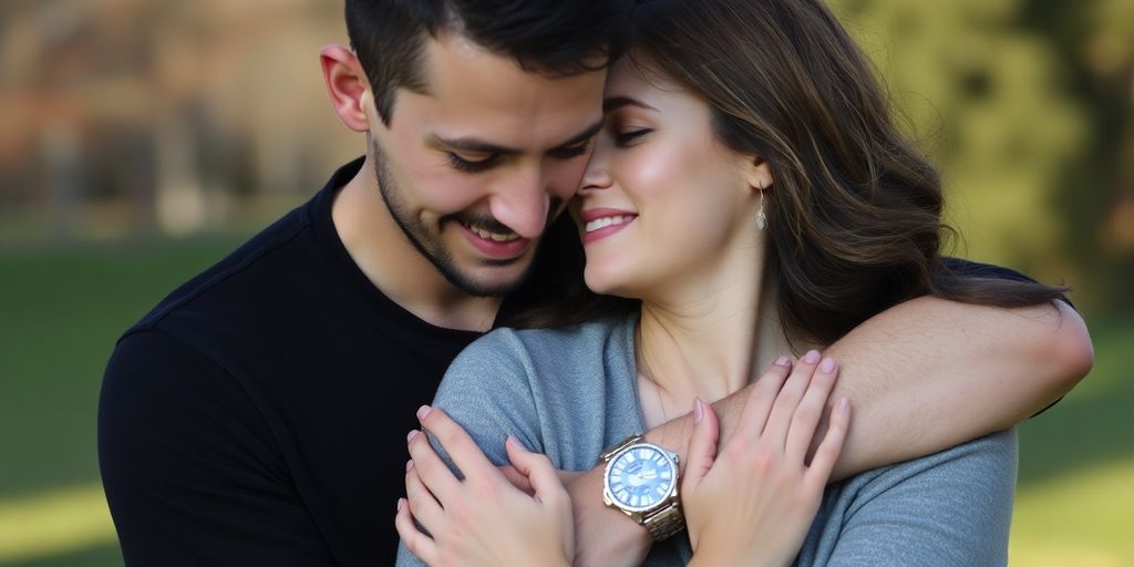 Couple embracing with gentle, caring expressions.