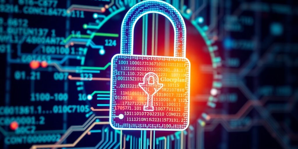 A digital lock with blockchain code in the background.