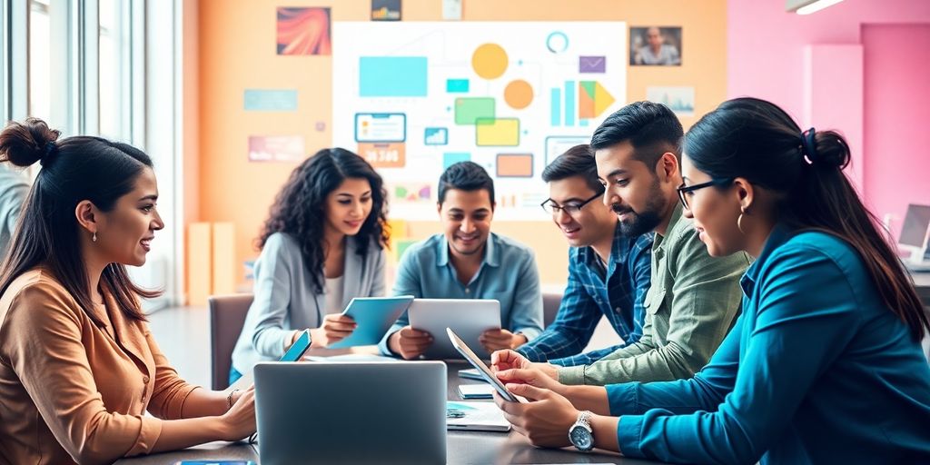 Teams collaborating in a vibrant, modern workspace.