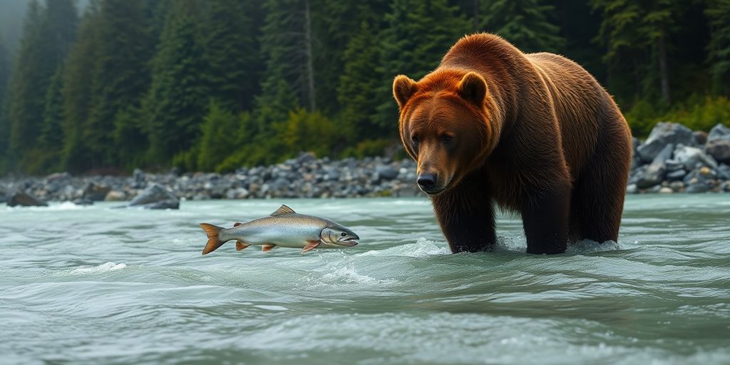 An Alaskan brown bear catching a salmon in a river.