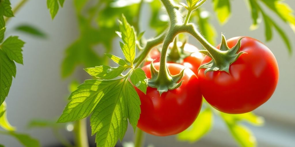 Indoor tomato plant with ripe red fruits and green leaves.
