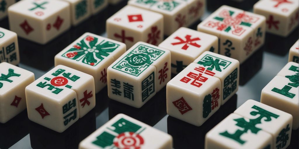 Close-up of Mahjong tiles with distinct symbols, highlighting their cultural significance and intricate designs.