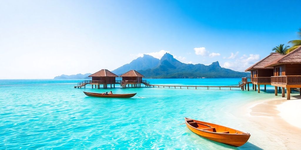 Tropical islands, blue water, overwater bungalows, boats