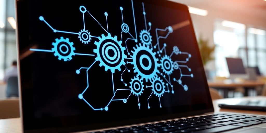 A laptop screen with gears and circuits in focus.