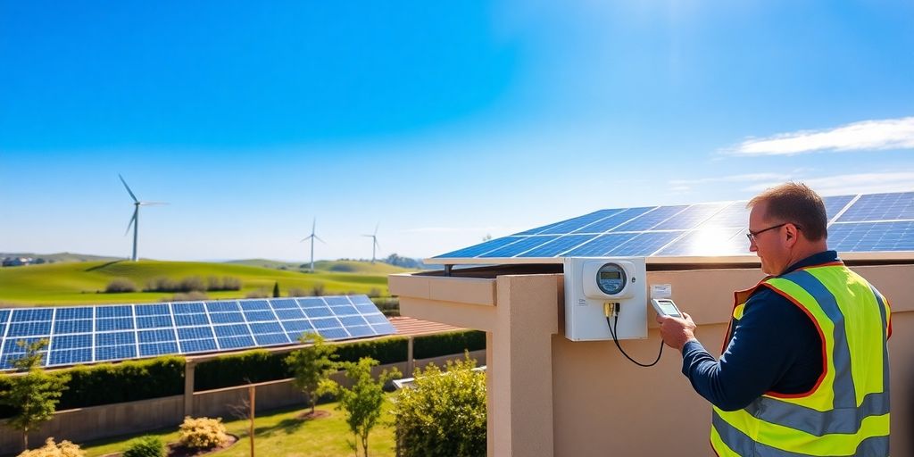 Technician tapping smart meter on house rooftop with solar panels