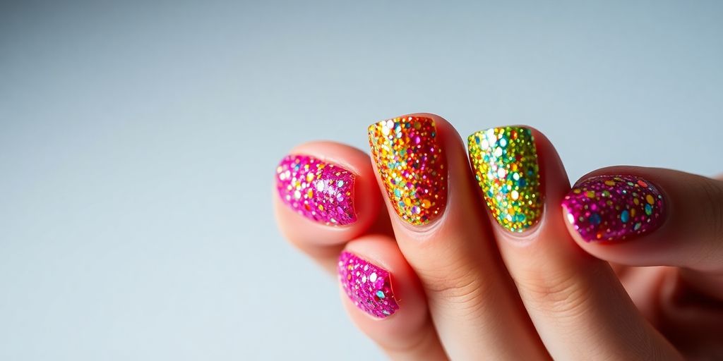 Mão com unhas coloridas e glitter excessivo.