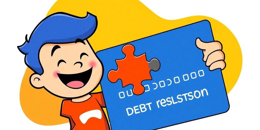 Cartoon character happily holding a large credit card with a solved puzzle.