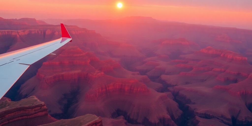 A small airplane flies over the vast Grand Canyon.