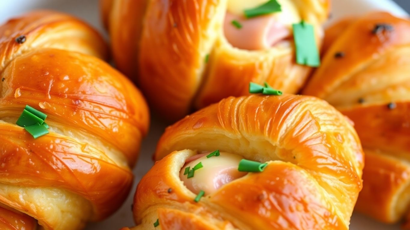 Rolinhos de croissant com presunto e queijo.