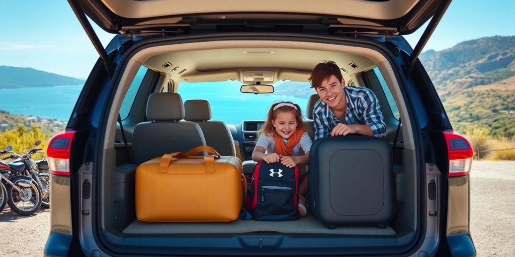 Seven-passenger car parked, family loading luggage inside