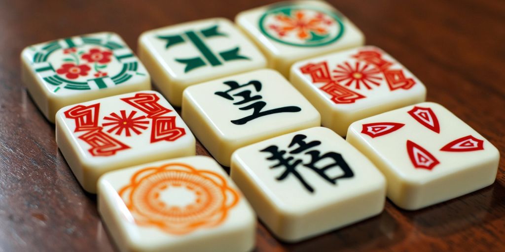 Colorful Mahjong tiles on wooden table.