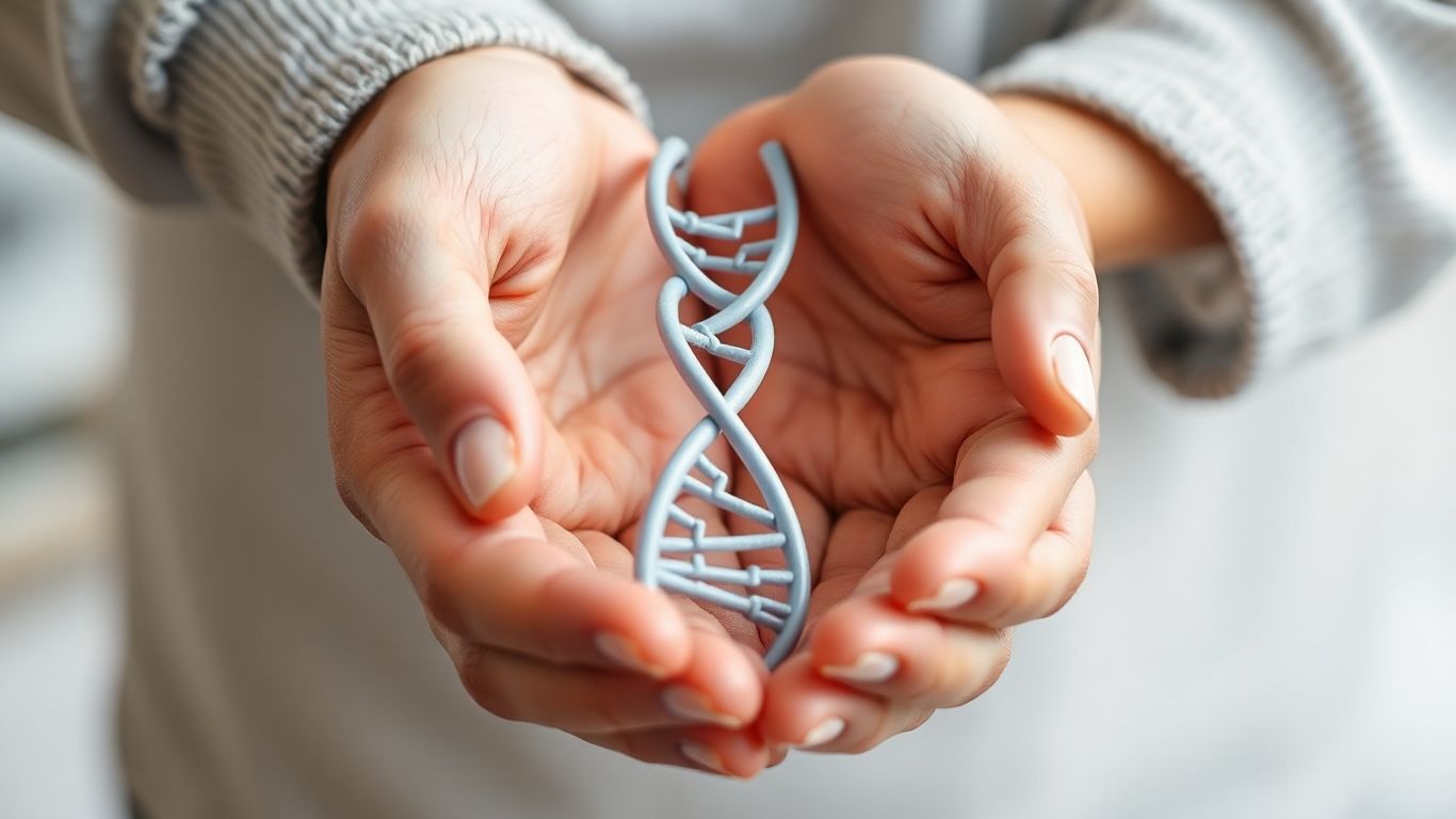 Adult and child hands holding a DNA helix.