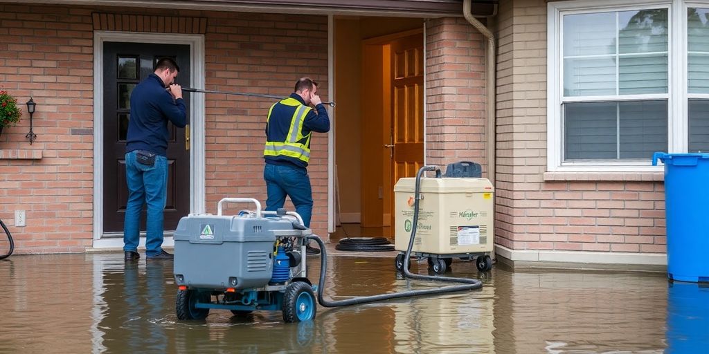 Water damage restoration team working on a flooded property.
