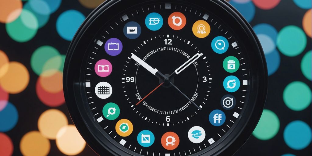 Clock surrounded by content icons representing efficient content creation in limited time for digital marketing trends 2024.