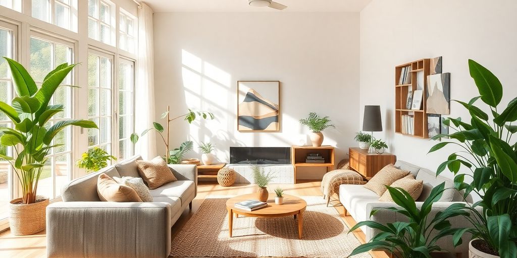 Eco-friendly living room with modern furniture and plants.