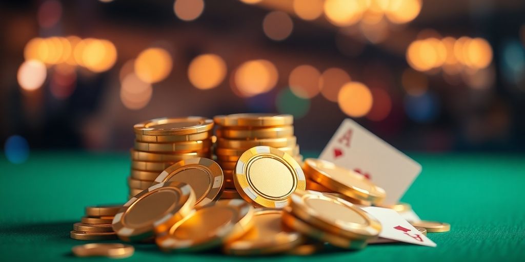 Golden casino chips and playing cards scattered.