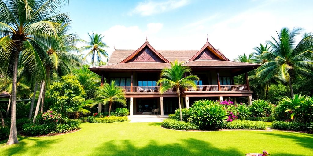 Tropical Thai villa with lush greenery and blue sky.
