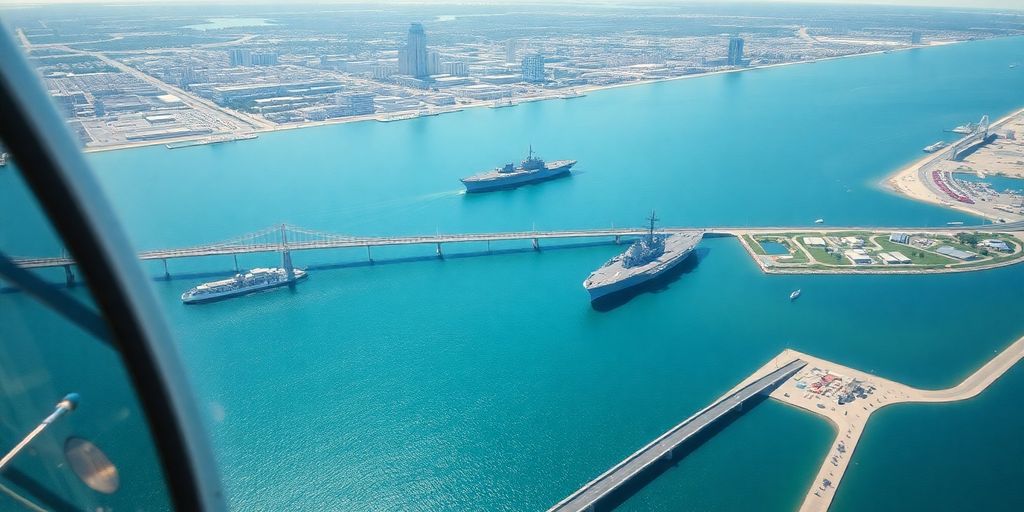 A sleek helicopter flying over the Corpus Christi, Texas bayfront.