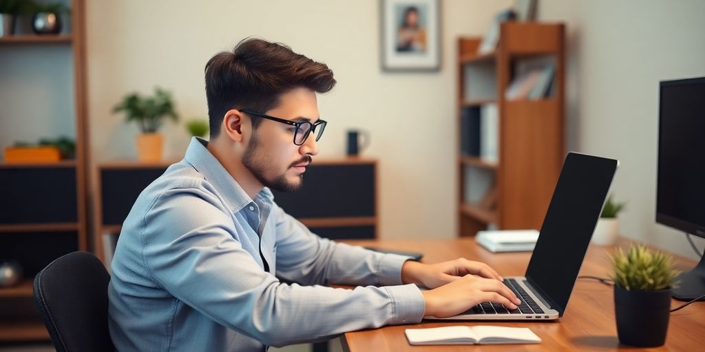 Person using laptop in a cozy home office.