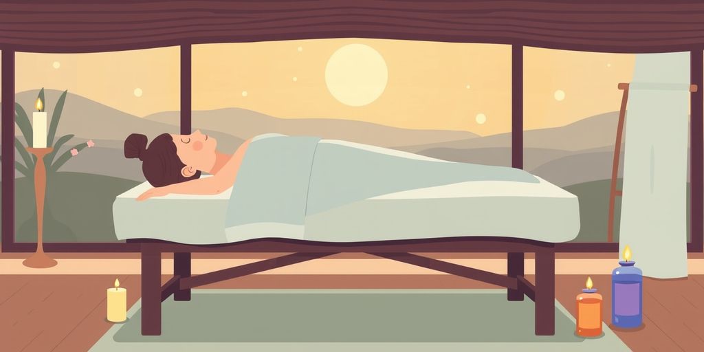 Person on massage table with candles and oils