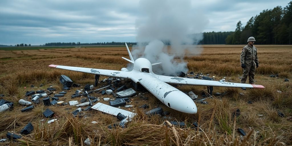 Drone russe détruit sur le sol polonais, débris fumants.