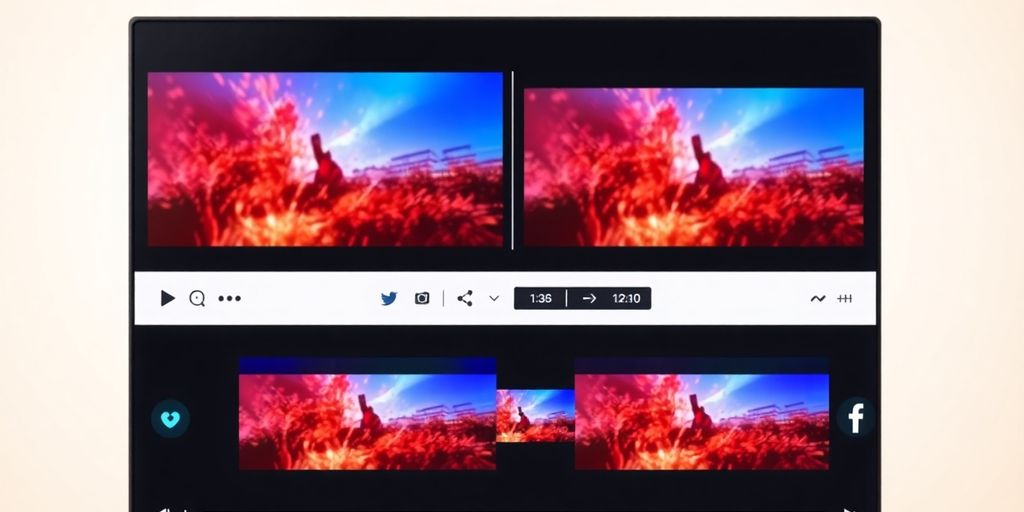 Video editing interface with vibrant clips and social media icons.