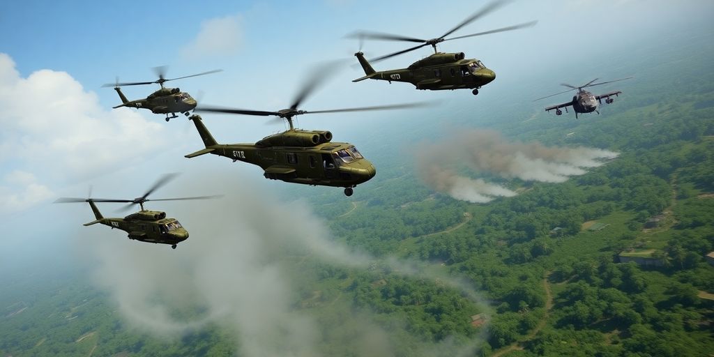 Various military helicopters fly in formation over a jungle battlefield.