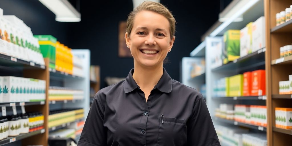 Person smiling, working at cannabis dispensary counter.