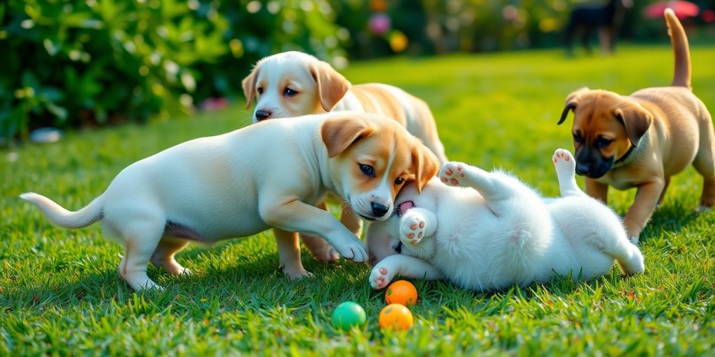 Happy puppies playing outdoors on green grass