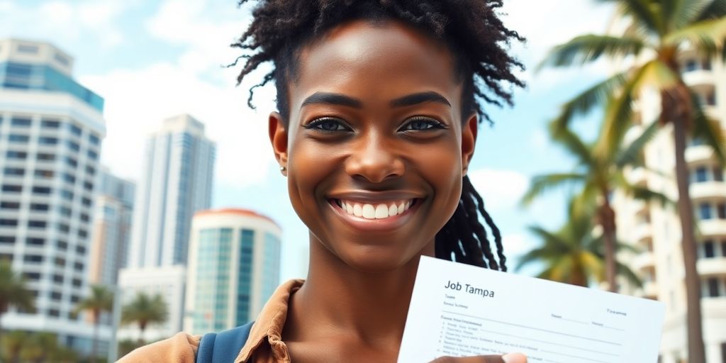 Man smiling, holding job application, Tampa city background.