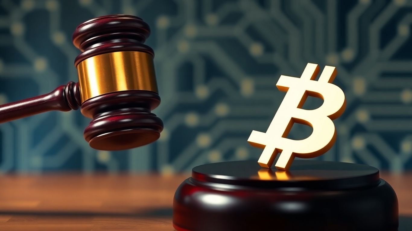 Gavel striking digital currency symbol with circuit background.