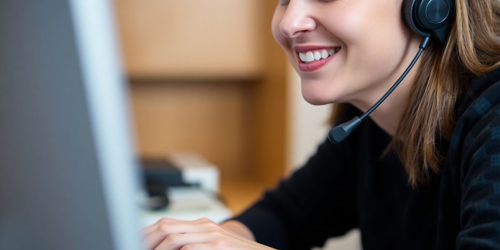 Person with headset, computer, answering calls.