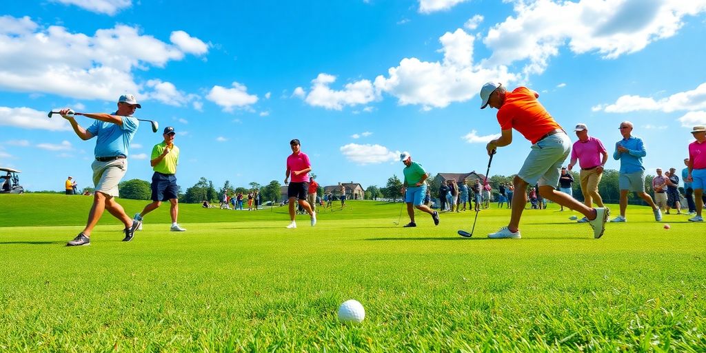 Golf players competing on a sunny course during a tournament.