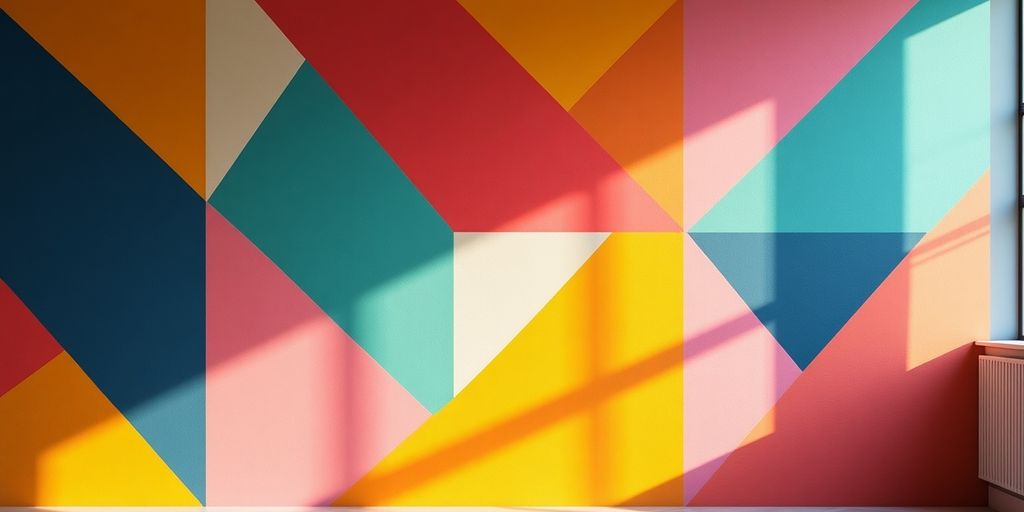 Colorful geometric wall painting with bold patterns.